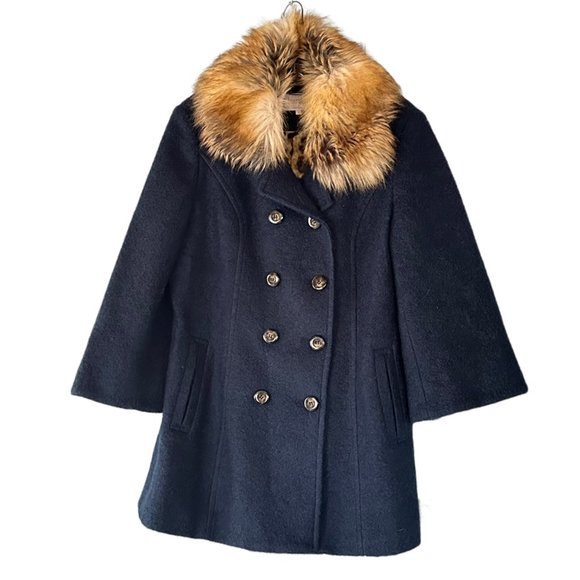 Laundry Shelli Segal Pea Coat Faux Fur Trim Wool Blend 14 Teal Double Breasted - Picture 1 of 8